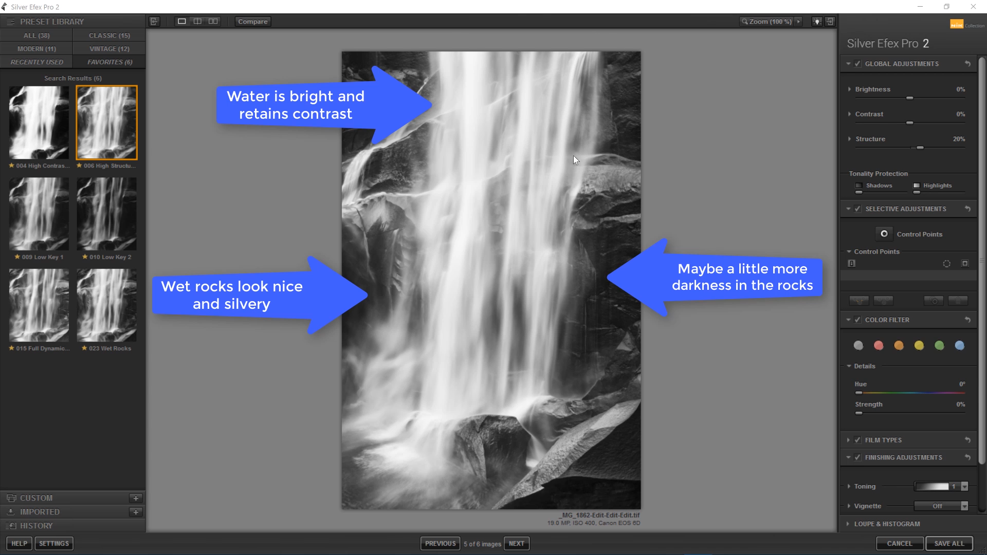 Arrows pointing to color adjustments to make on a waterfall photography