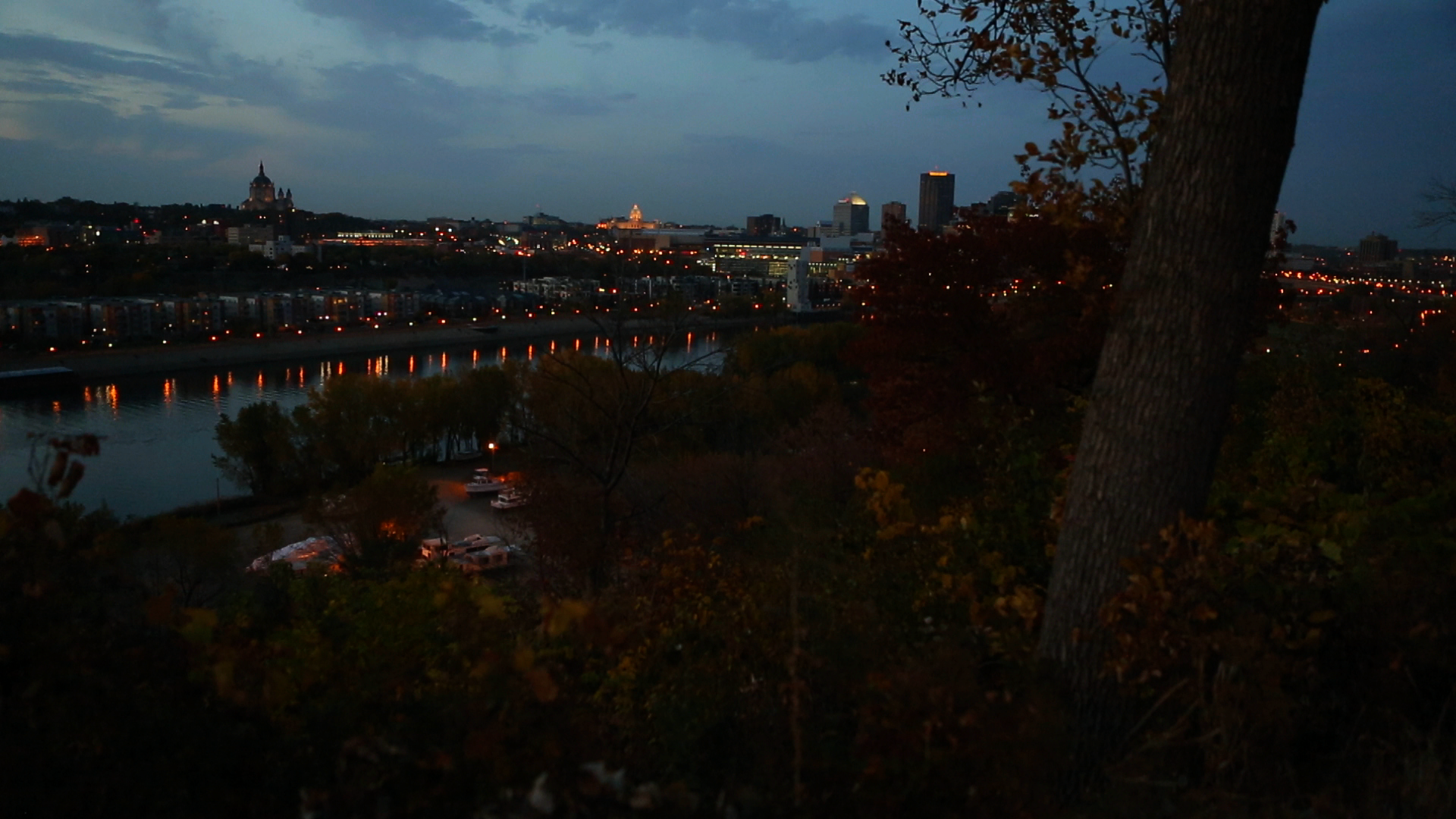 Skyline by the water at night