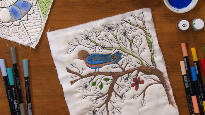 Coloring a quilted bird on a branch