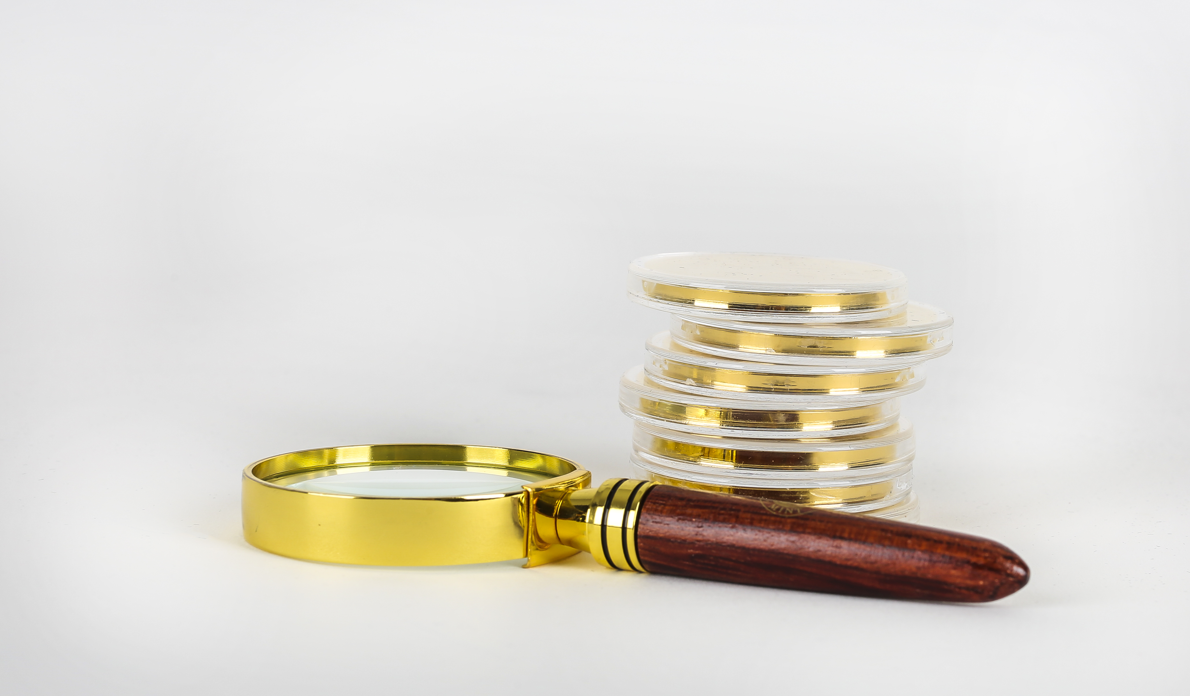 Magnifying glass and stacked coins