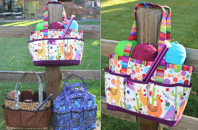 Quilted tote bags hanging on a fence