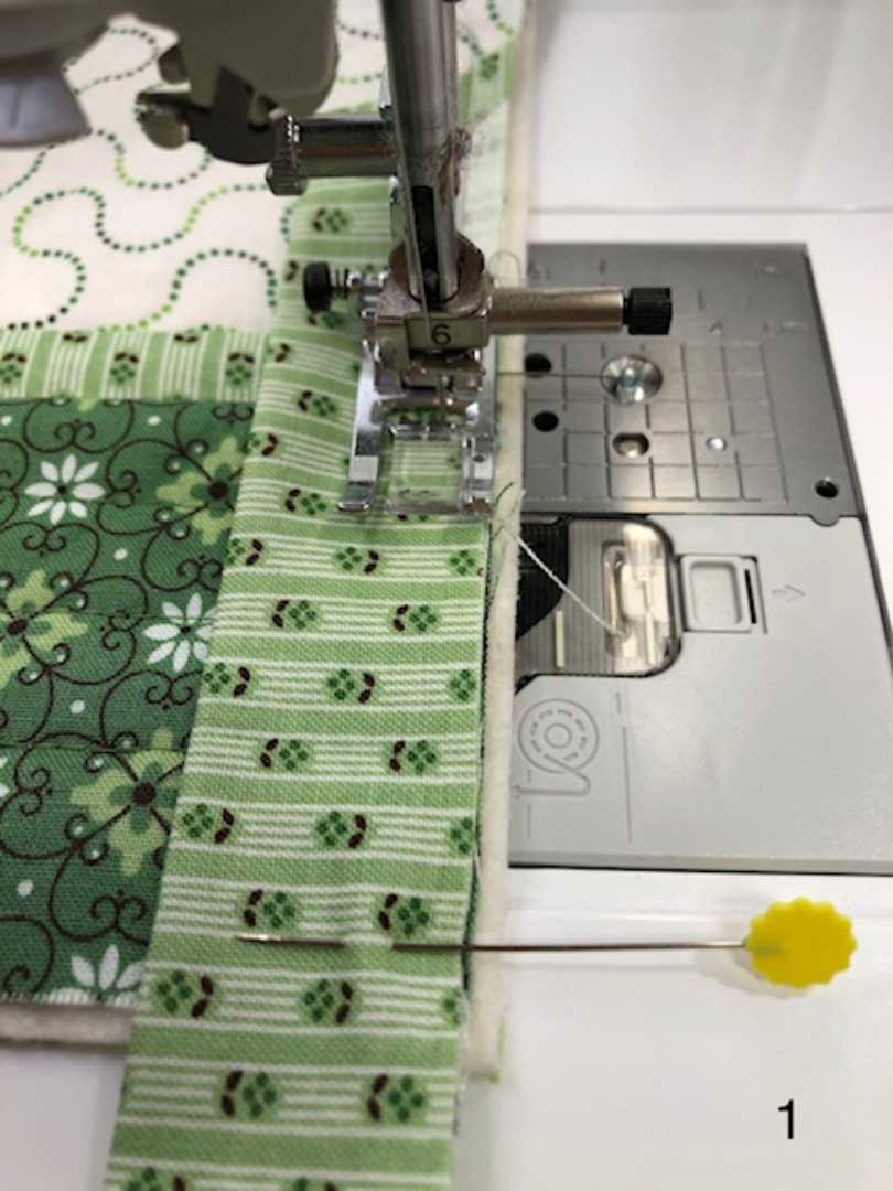 close up of a sewing machine on green fabricm