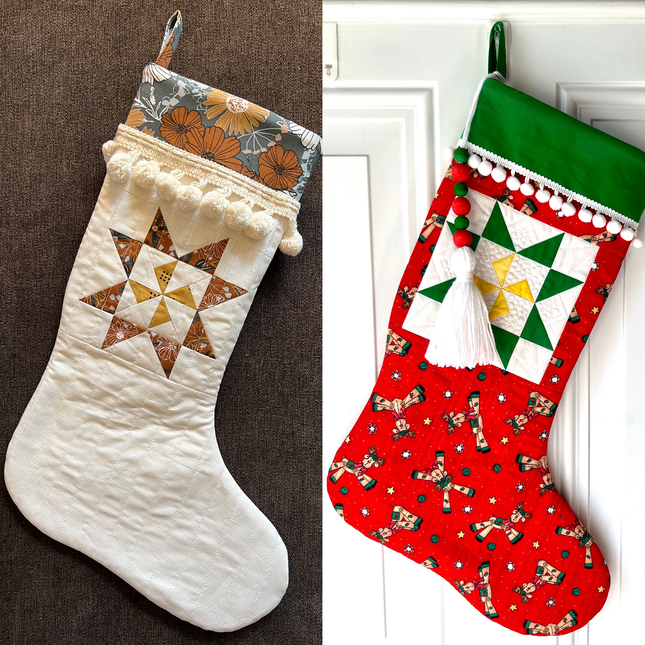 two quilted stockings featuring a pinwheel quilt block motif, one is white and one in red