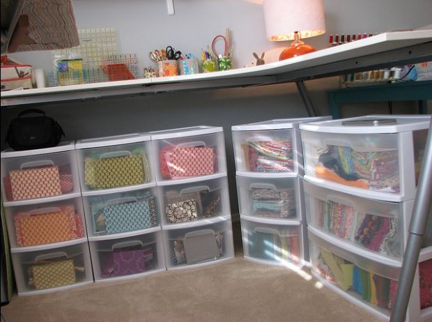 fabric stored in bins