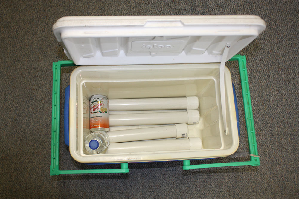 PVC pipes and drinks in a cooler