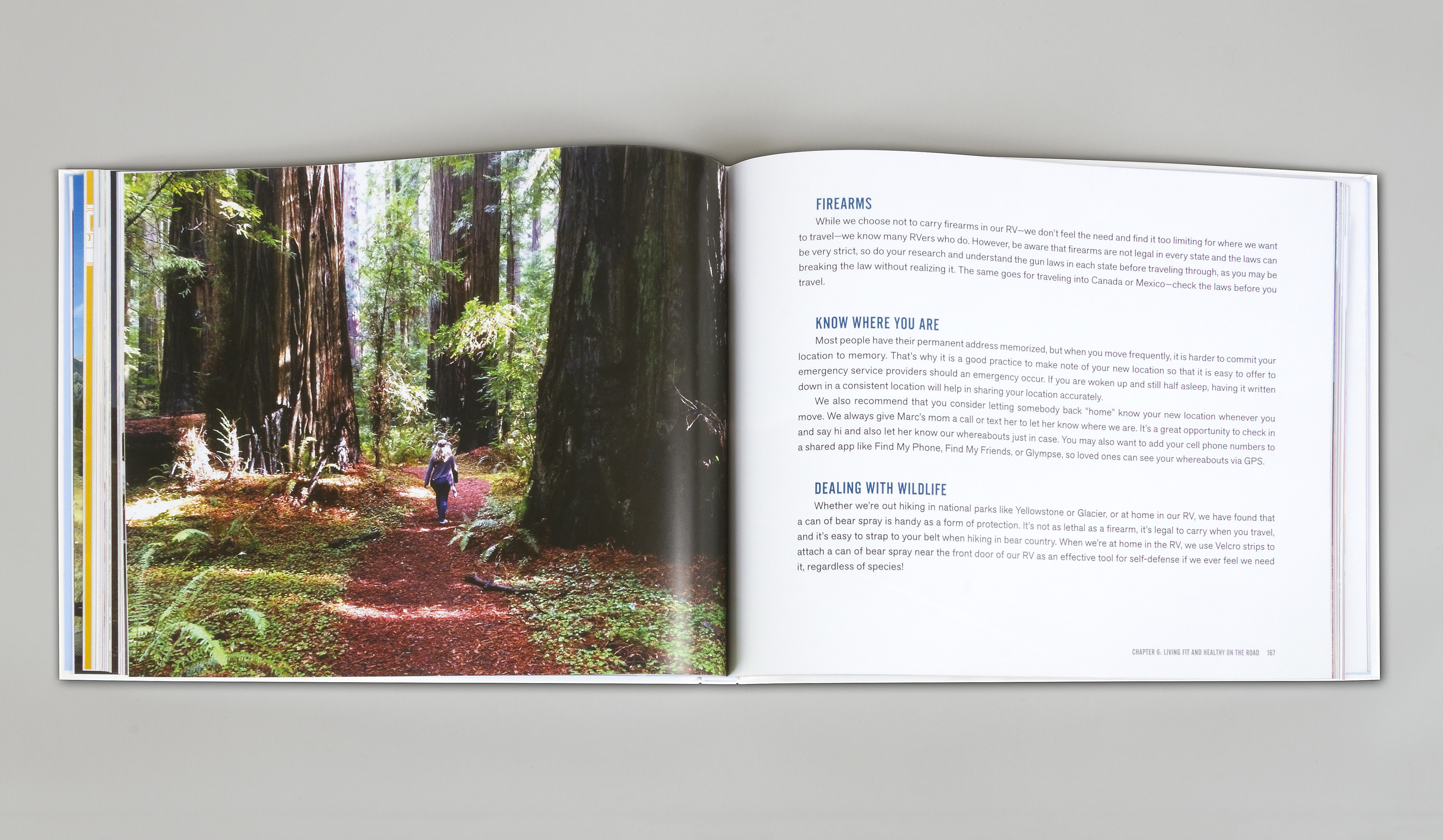 RV book with page open to a spread with someone walking on a trail