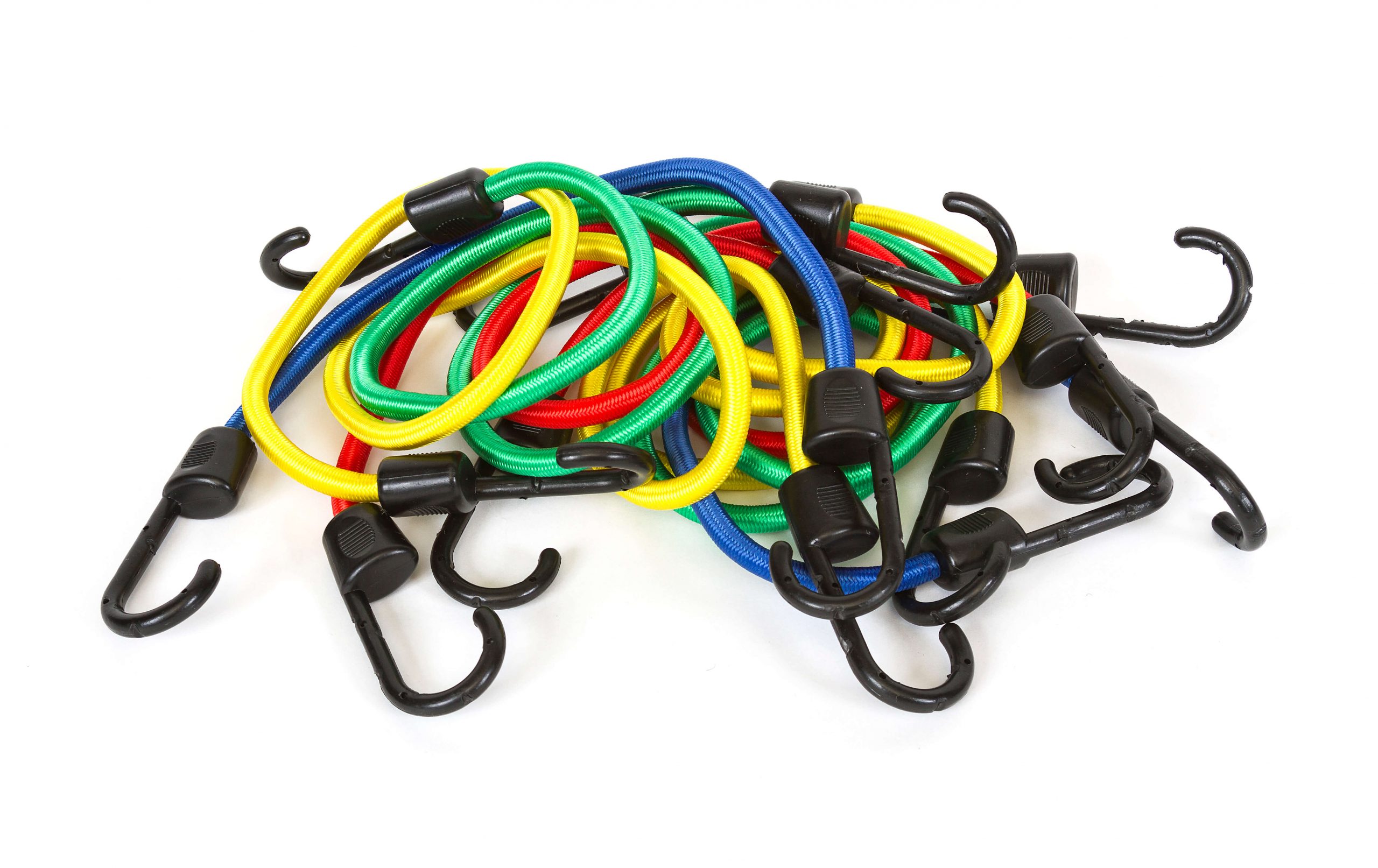 Pile of red, blue, yellow and green bungee cords