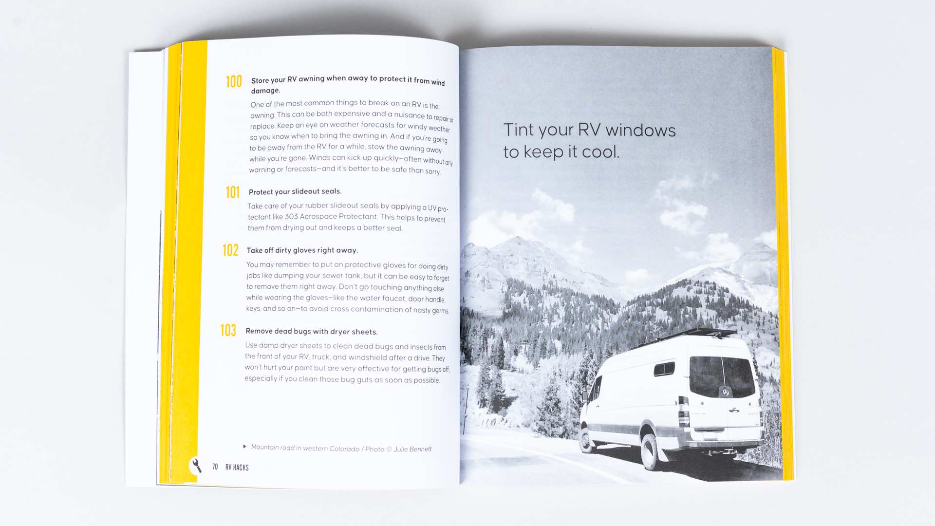 RV Life Hacks Book open to a page about RV windows