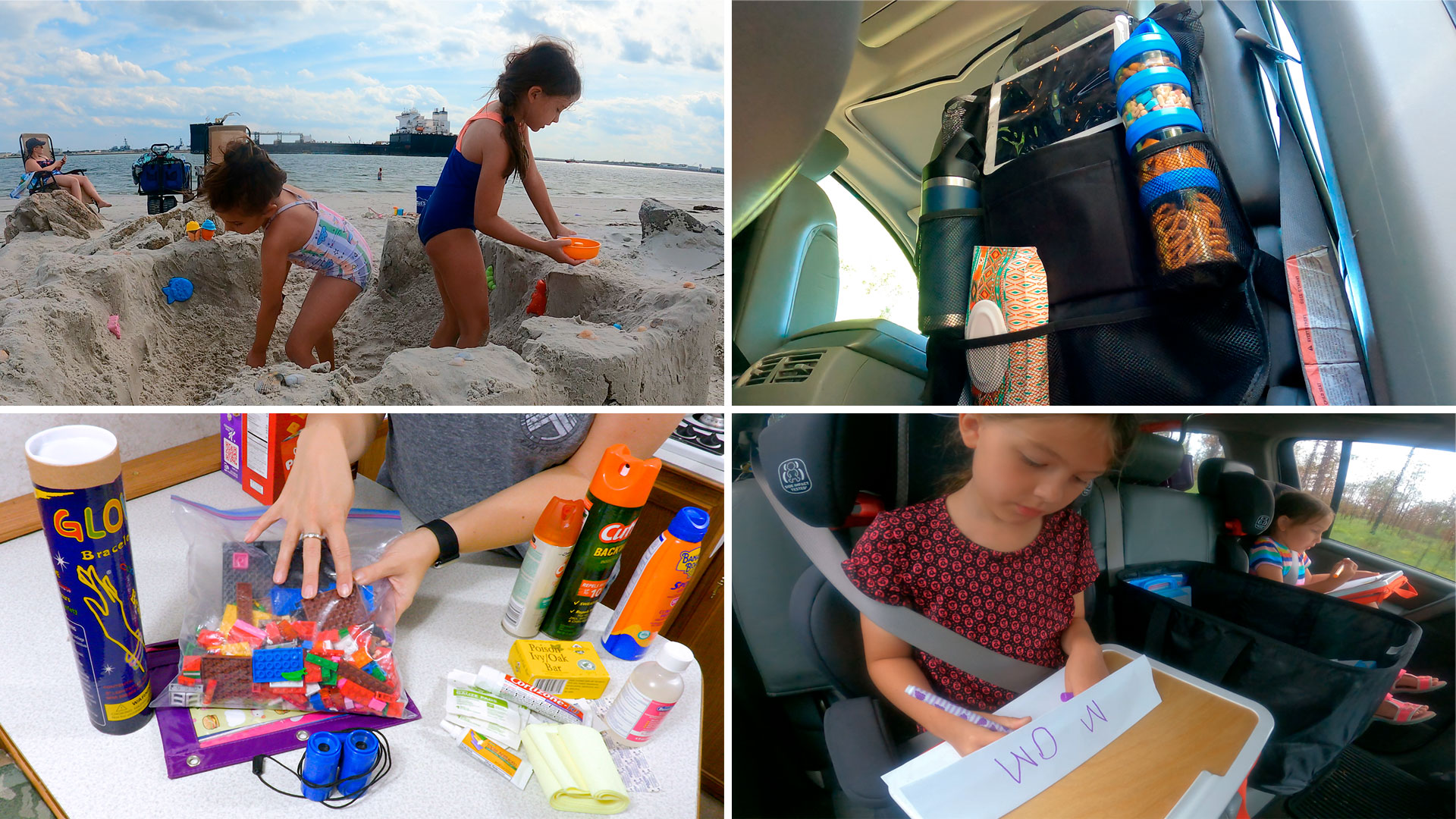 Collage of family snacks and kids in the backseat and at the beach