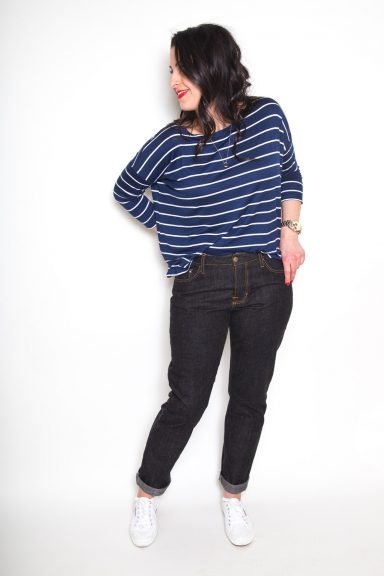 Girl wearing dark denim jeans
