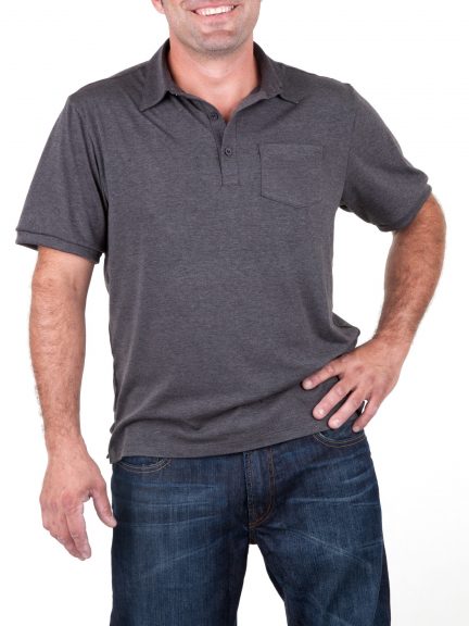 Man wearing a grey polo shirt