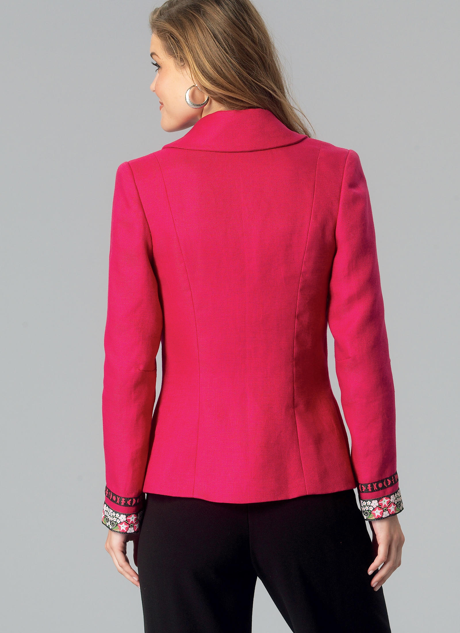 Back of a pink princess seam jacket