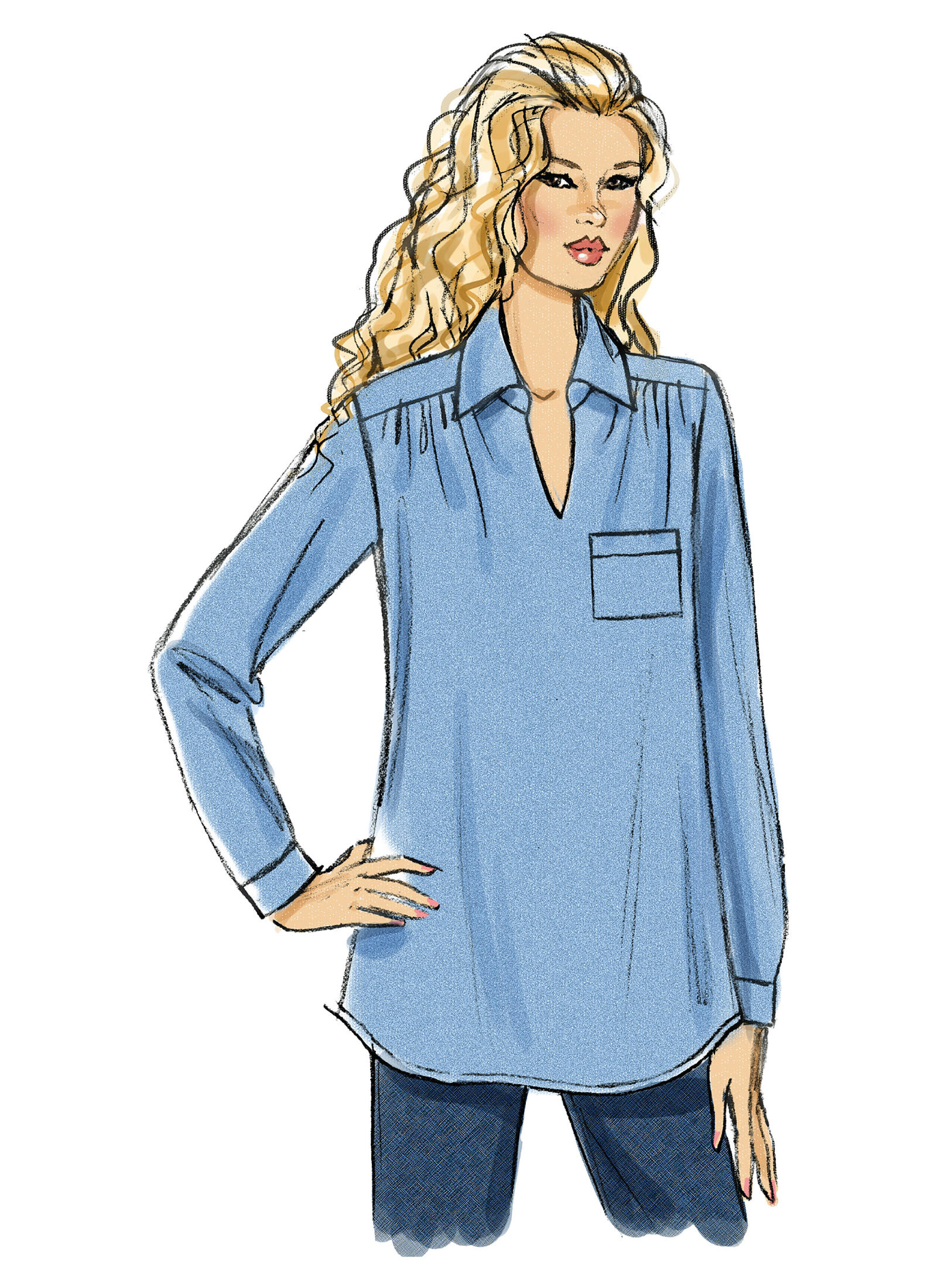 Drawing of a woman in a tucked top with a pocket