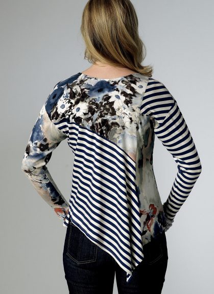 Back of a flower and stripe pattern seam-detail shirt