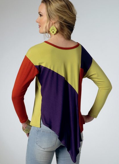 Woman wearing a colorful seam-detail top