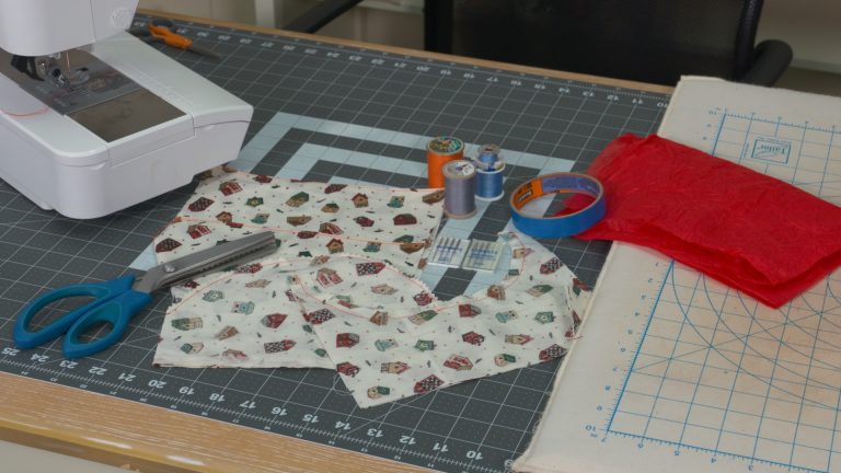 Sewing fabric and accessories on a table