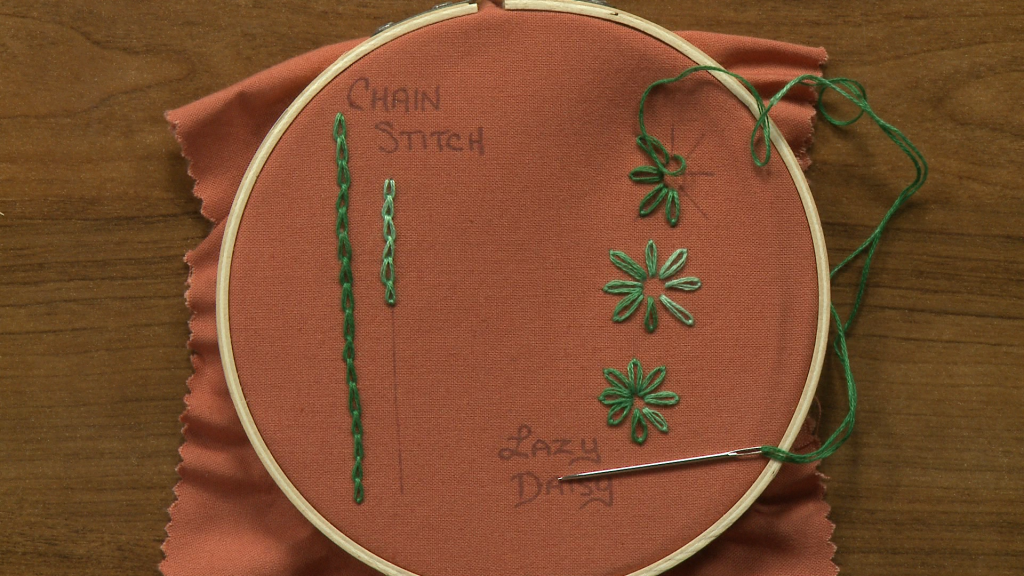 Chain stitch and lazy daisy stitch