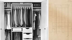 Black and white picture of a closet organizer