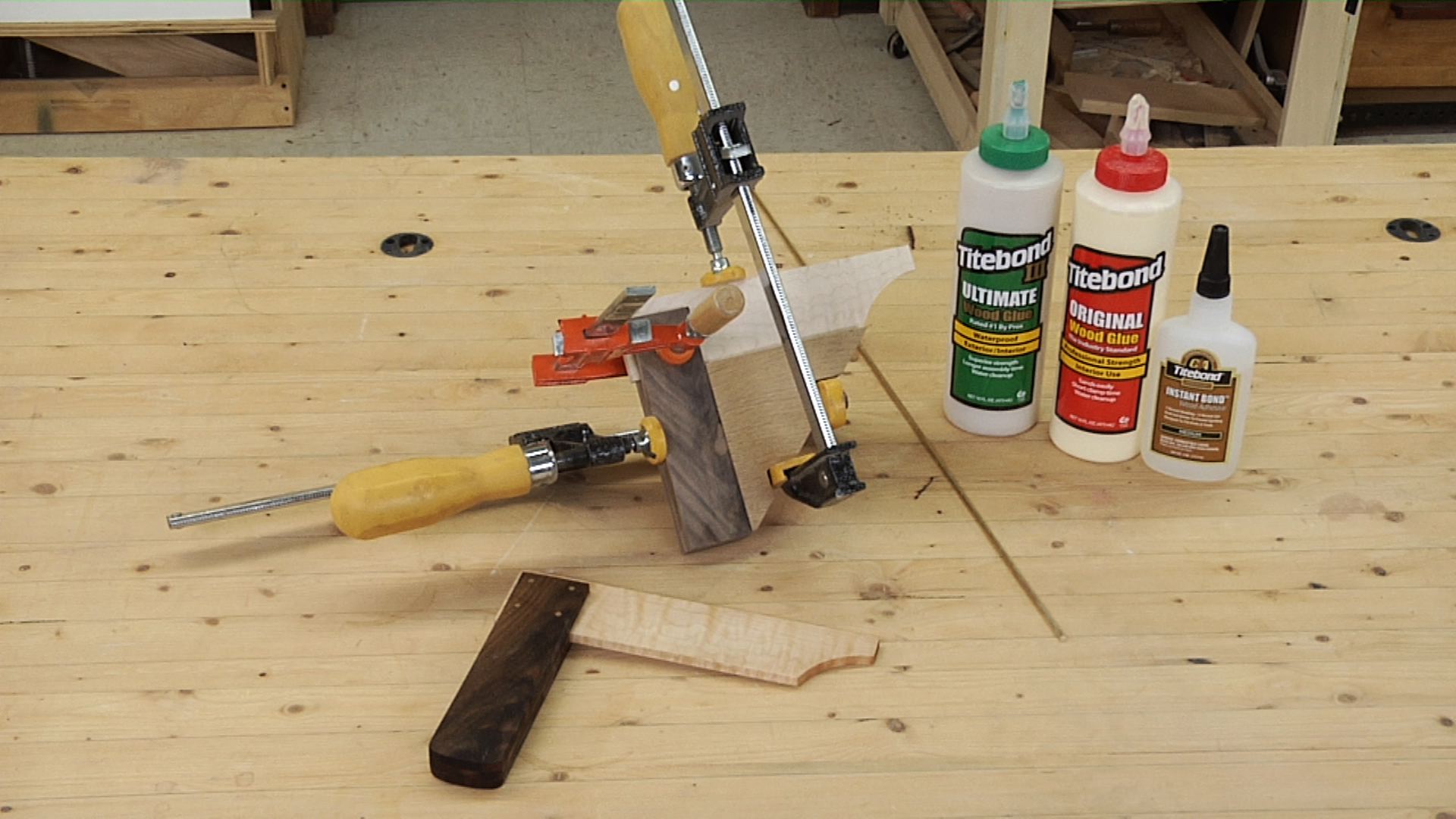 Wood piecing and bottles of adhesives