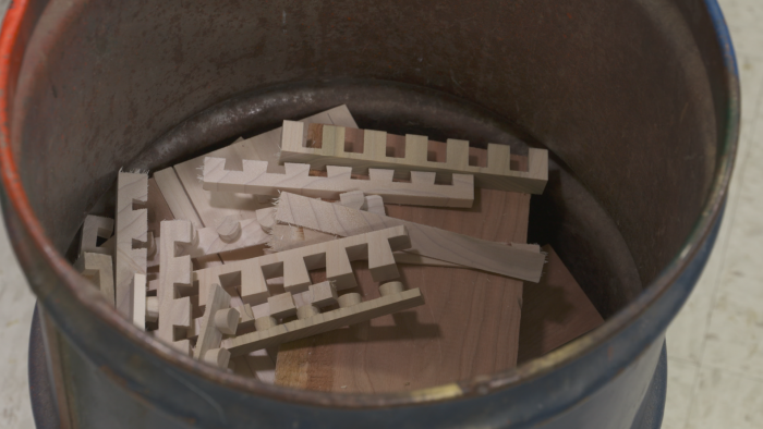 Bucket of wood pieces