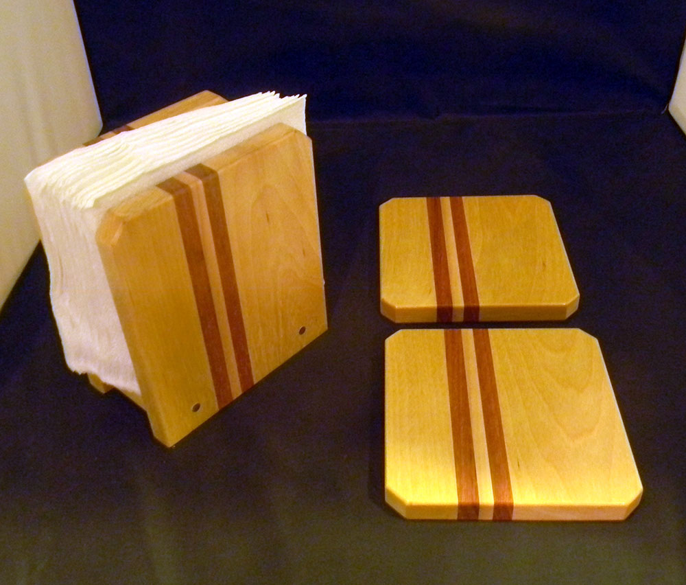 wooden napkin holder and matching trivets
