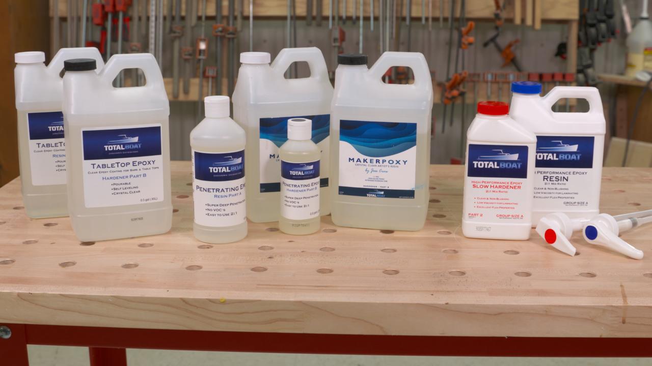 Different bottles of epoxy and resin