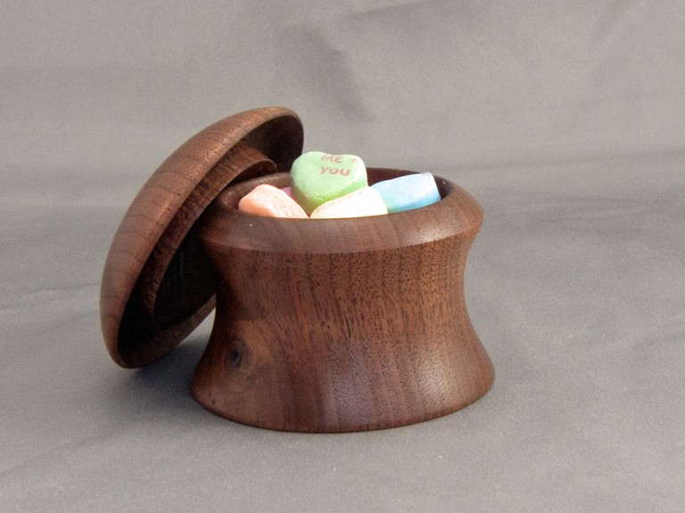 Turned wood lidded box with sweetheart conversation hearts