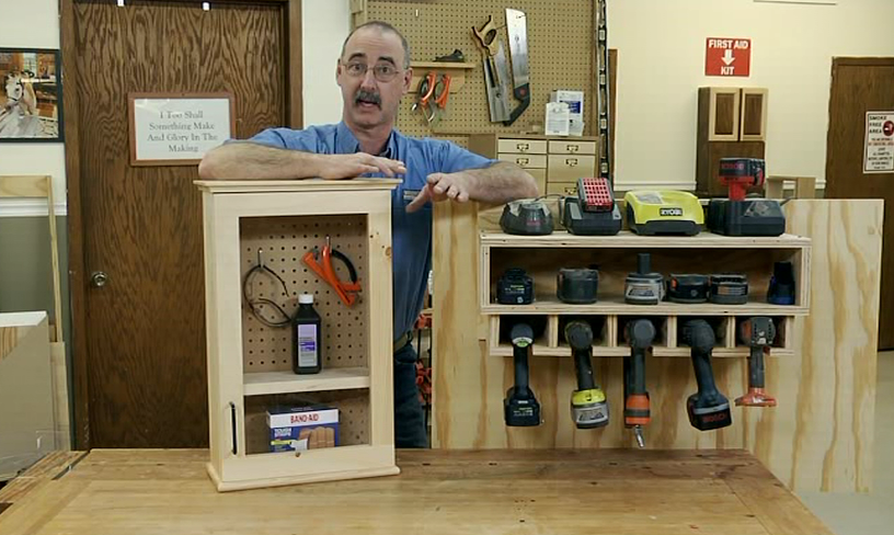 Safety gear cabinet and cordless drill organizer
